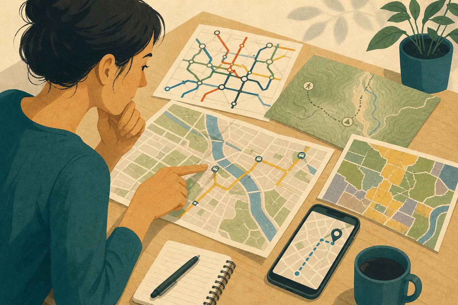 Woman studying various maps and a phone displaying a route on a wooden table with notebook and cup