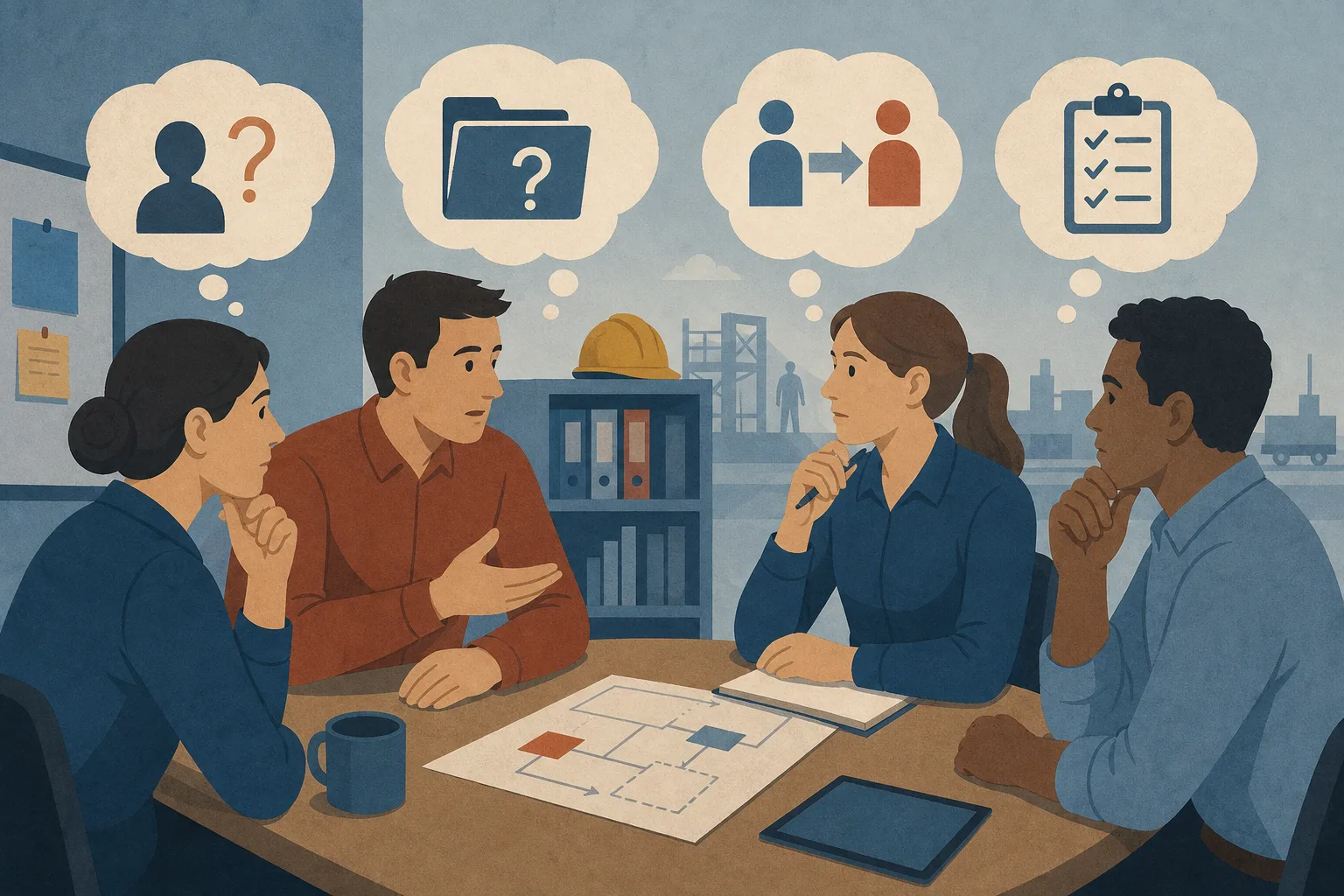 Four people sitting around a table discussing with thought bubbles showing icons of a person, files, two figures with an arrow, and a checklist