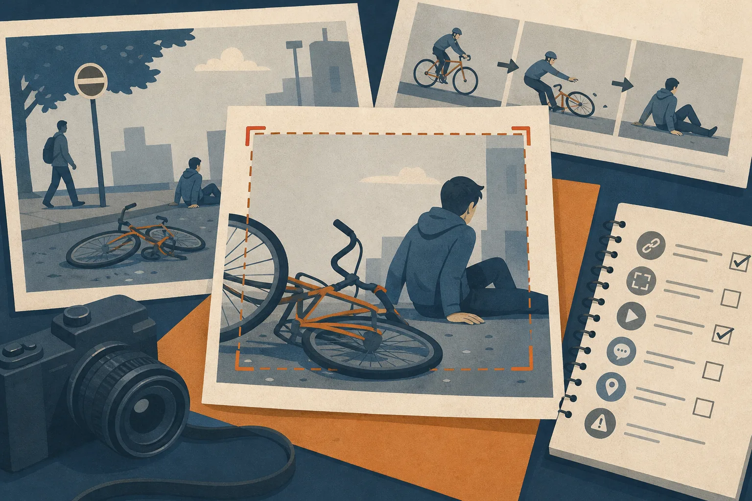 Series of printed photos showing a man falling from a bicycle laid out on a desk with a camera and a checklist notebook