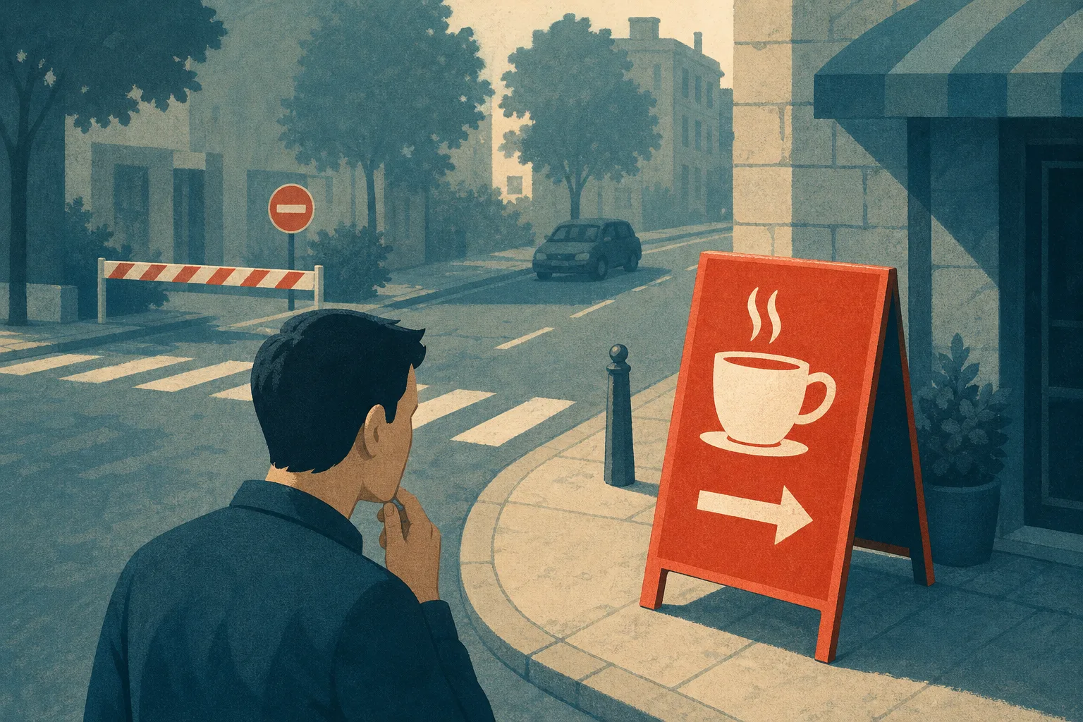 Man standing on a quiet city street corner looking at a bright red coffee sign with an arrow