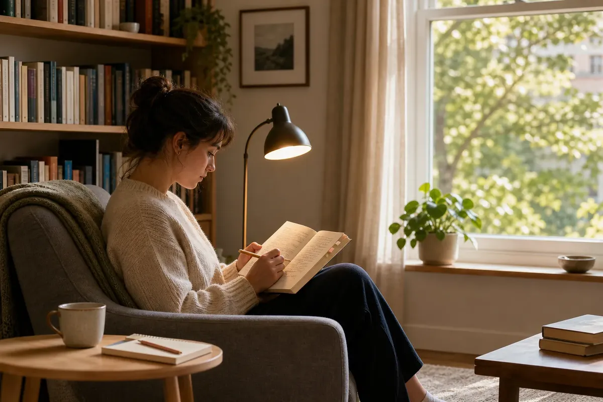 Woman in cozy sweater sitting by a large window reading and writing in a notebook