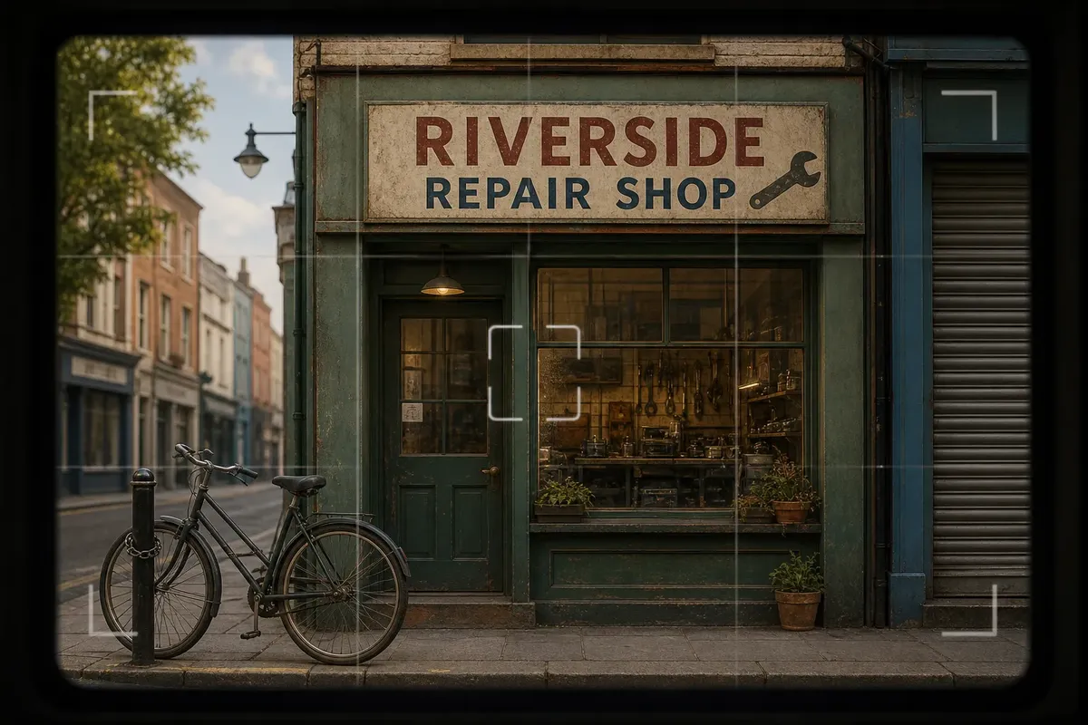 Old bicycle chained to post in front of worn green repair shop with tools visible through window