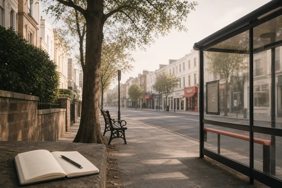 Empty urban street with benches, a tree, a bus stop, and an open notebook with pen on stone ledge