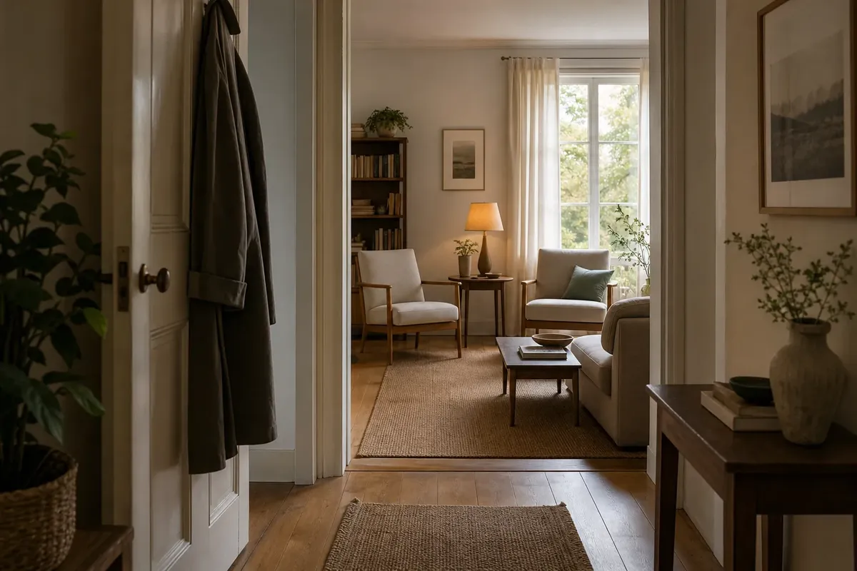 Cozy living room with beige armchairs, wooden coffee table, bookshelf, lamp, and large window with sheer curtains