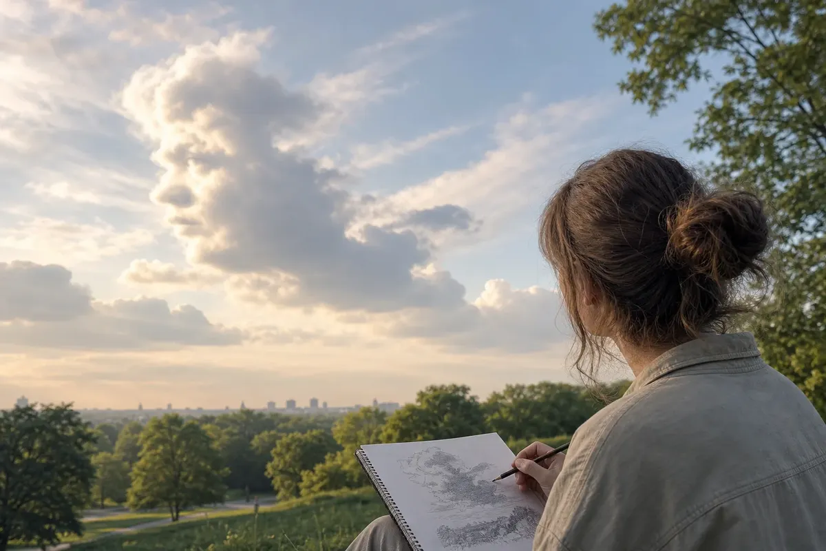 Person sitting outdoors sketching clouds during golden hour with trees and city skyline in background